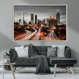 59097239-MGV-CV-36X24-City Skyline Wall Art – Modern Black and White Night Canvas Print with Red Light Trails, Urban Landscape Decor for Living Room or
