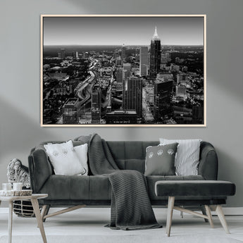 46578567-MGV-CV-36X24-Atlanta Skyline Wall Art – Black and White Cityscape Canvas Print, Modern Urban Night Decor for Office, Living Room, or Apartment