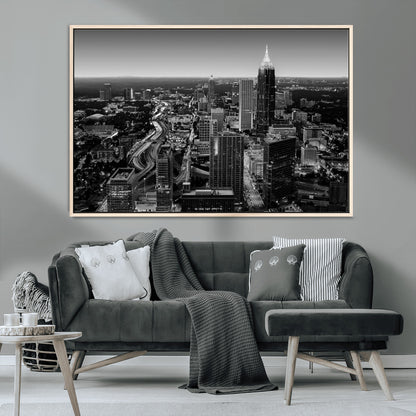 46578567-MGV-CV-36X24-Atlanta Skyline Wall Art – Black and White Cityscape Canvas Print, Modern Urban Night Decor for Office, Living Room, or Apartment