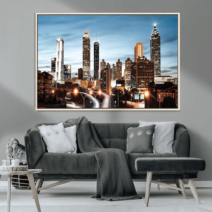 23859158-MGV-CV-36X24-Atlanta Skyline Wall Art – Modern Cityscape Canvas Print with Night Lights and Traffic Trails, Urban Decor for Office, Apartment,