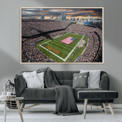 98106777-MGV-CV-36X24-Soldier Field Wall Art – Chicago Bears Stadium Canvas Print with American Flag, Game Day Football Decor for Man Cave, Bar, or