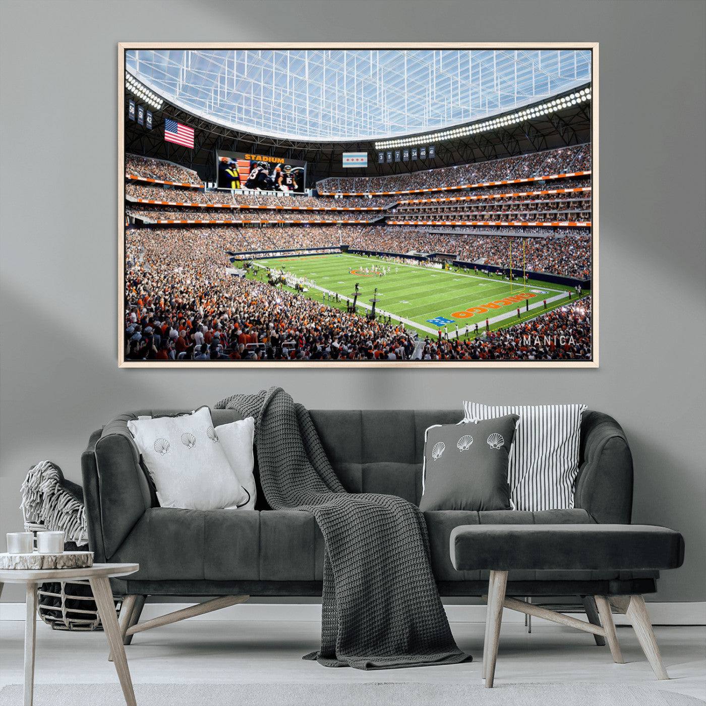 32530647-MGV-CV-36X24-Chicago Bears Stadium Wall Art – Futuristic Dome Arena Canvas Print, Modern Football Concept Design Decor for Man Cave, Bar, or