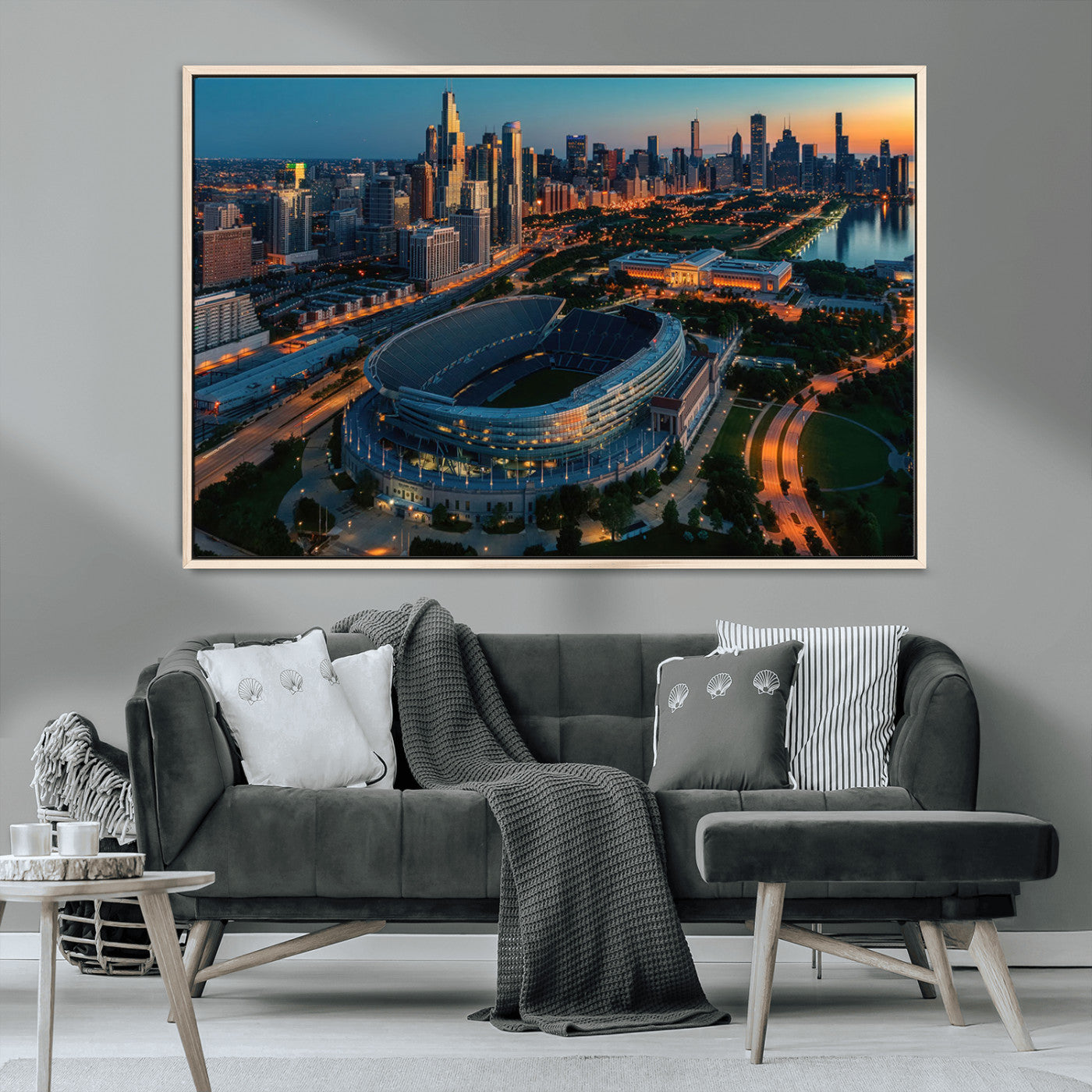 36690345-MGV-CV-36X24-Soldier Field Wall Art – Chicago Bears Stadium Aerial Night Canvas Print, City Skyline Football Decor for Living Room, Office, or