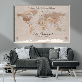 95243244-MGV-CV-36X24-Wander Often Wonder Always World Map Wall Art – Neutral Beige Adventure Canvas Print, Rustic Boho Travel Decor for Bedroom, Living