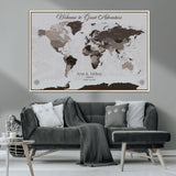 43749658-MGV-CV-36X24-Welcome to Great Adventure World Map Wall Art – Charcoal Gray Canvas Print, Rustic Travel Decor for Living Room, Study, Office or