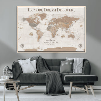 63516865-MGV-CV-36X24-Explore Dream Discover World Map Wall Art – Inspirational Travel Adventure Canvas Print, Neutral Parchment Style Explorer Decor