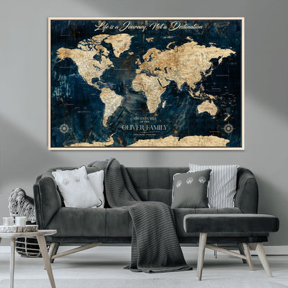 36970886-MGV-CV-36X24-Life is a Journey Not a Destination World Map Rustic Navy Beige Vintage Travel Wall Art Adventure Quote Canvas Print for Home