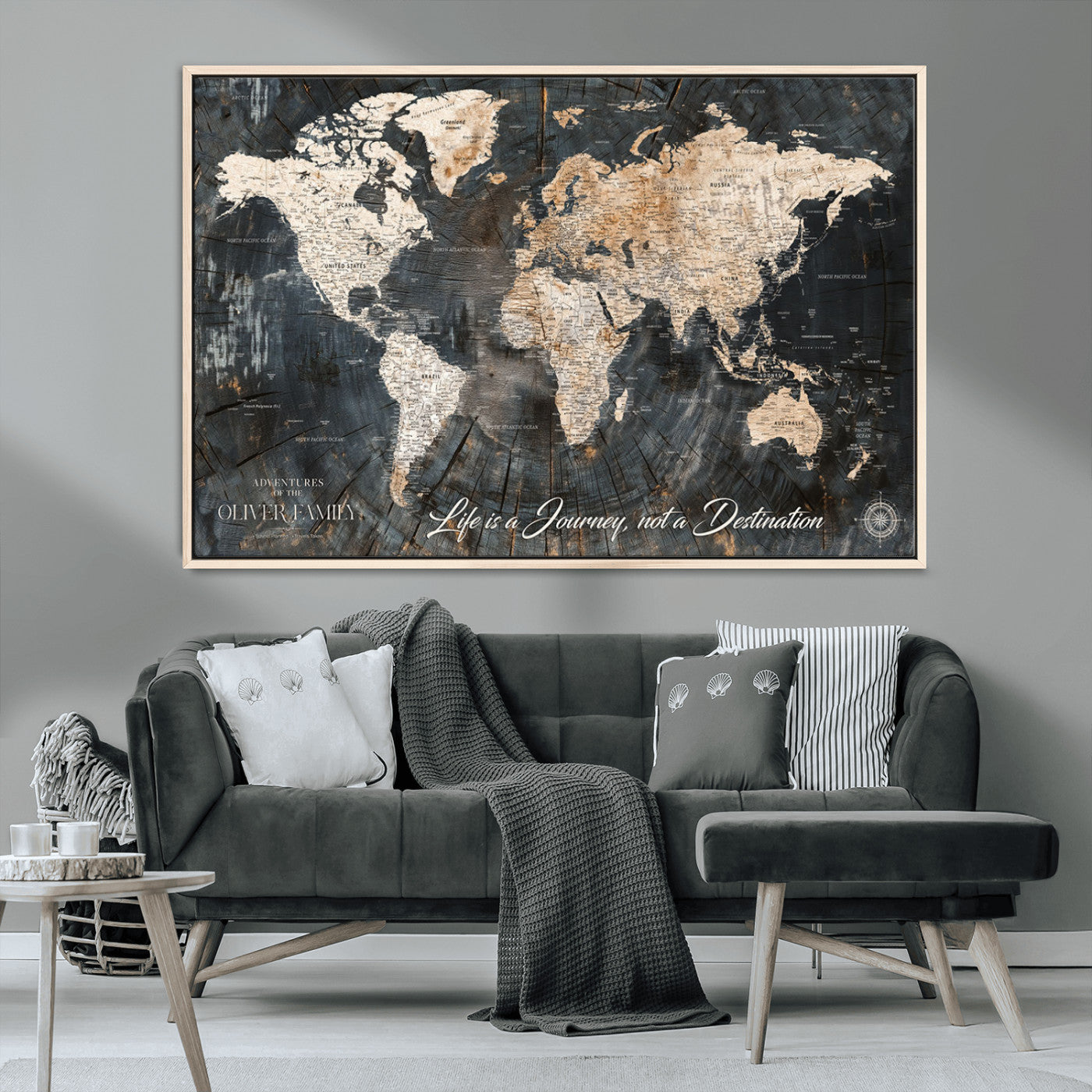 37848568-MGV-CV-36X24-Life is a Journey Not a Destination World Map Rustic Wood Texture Vintage Beige Navy Adventure Wall Art Canvas Print for Home