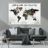 88337180-MGV-CV-36X24-Little by Little One Travels Far Tolkien Quote World Map Rustic Black Brown Adventure Wall Art Canvas Print for Home Office Living