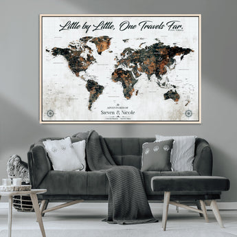 88337180-MGV-CV-36X24-Little by Little One Travels Far Tolkien Quote World Map Rustic Black Brown Adventure Wall Art Canvas Print for Home Office Living