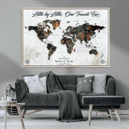 88337180-MGV-CV-36X24-Little by Little One Travels Far Tolkien Quote World Map Rustic Black Brown Adventure Wall Art Canvas Print for Home Office Living