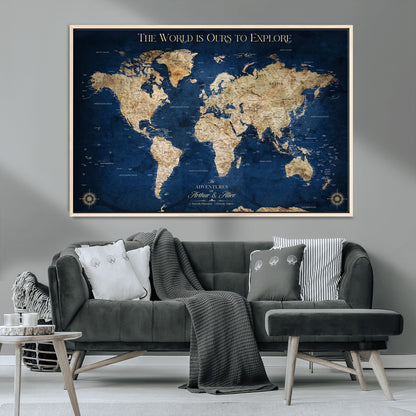 54782997-MGV-CV-36X24-The World is Ours to Explore Wall Art – Blue World Map Canvas Print, Adventure Travel Decor for Home, Office or Living Room,