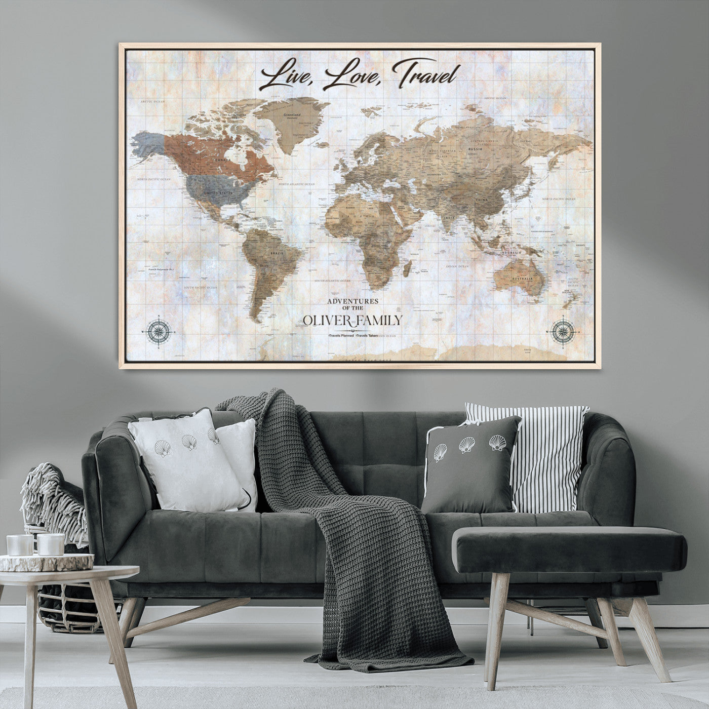 43924907-MGV-CV-36X24-Live Love Travel Wall Art – Neutral World Map Canvas Print, Rustic Adventure Decor for Home, Office or Living Room, Unique Gift