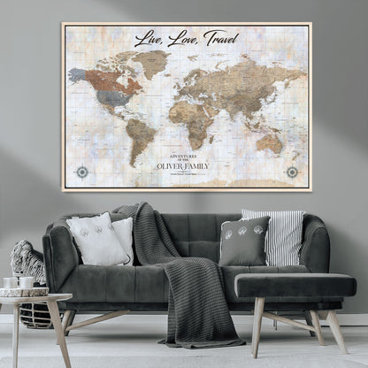 43924907-MGV-CV-36X24-Live Love Travel Wall Art – Neutral World Map Canvas Print, Rustic Adventure Decor for Home, Office or Living Room, Unique Gift