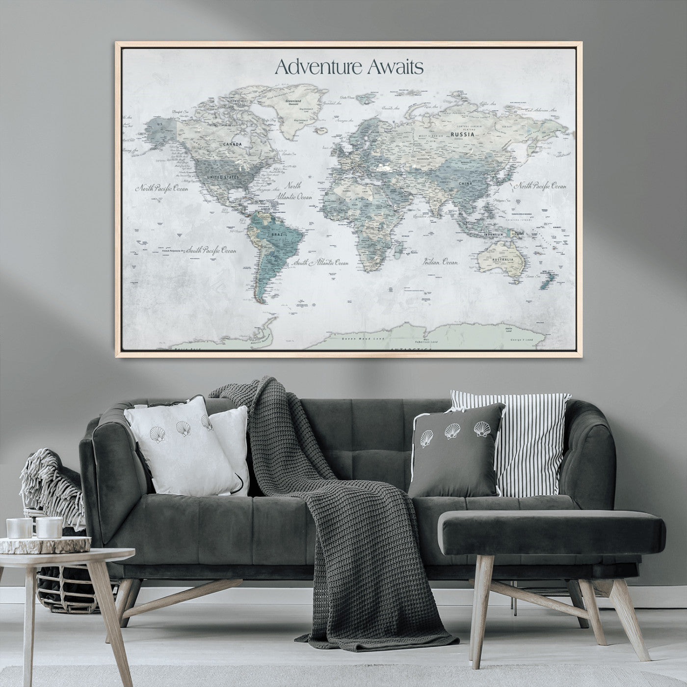 TEST111-MGV-CV-36X24-Personalized Adventure Awaits Push Pin World Map – Custom Framed Travel Tracker Canvas Wall Art for Home, Office