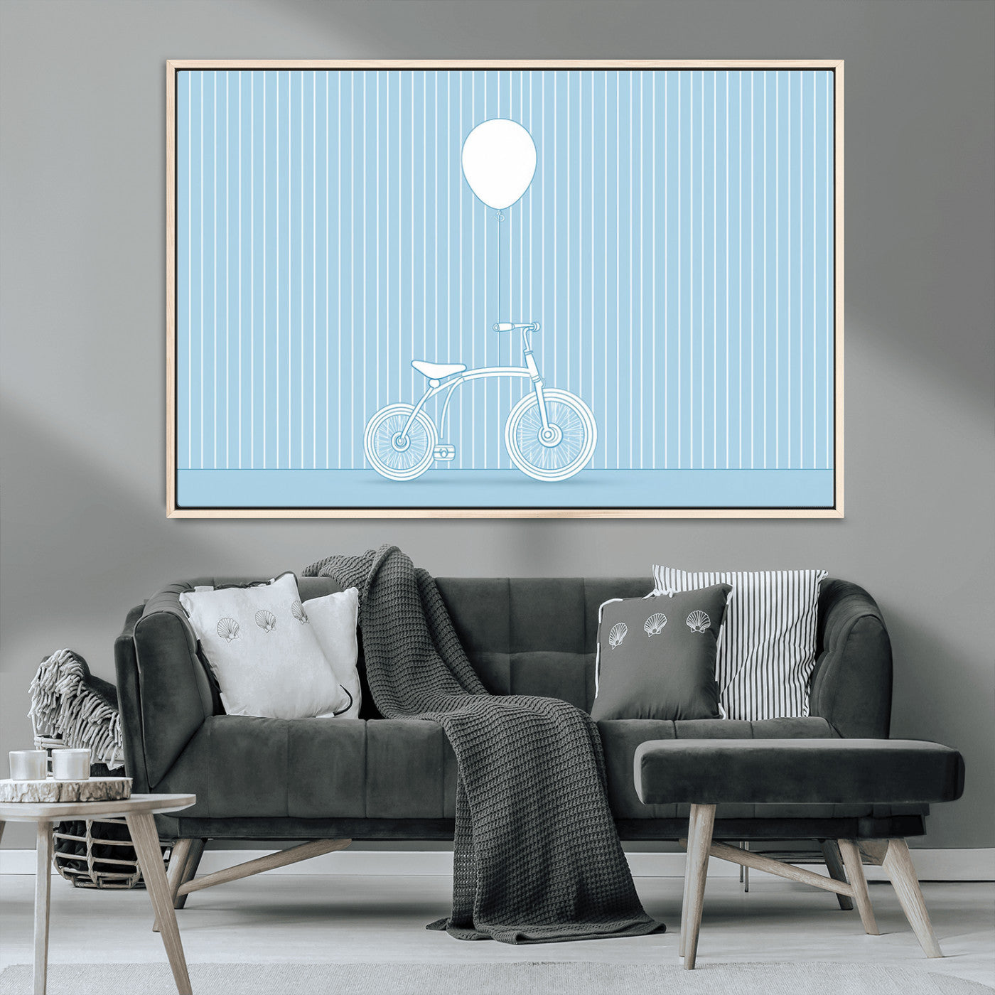 56479838-MGV-CV-36X24-Bicycle Wall Art – Minimalist Blue Canvas Print with Balloon Illustration, Modern Decor Artwork for Kids Room, Nursery, or Living