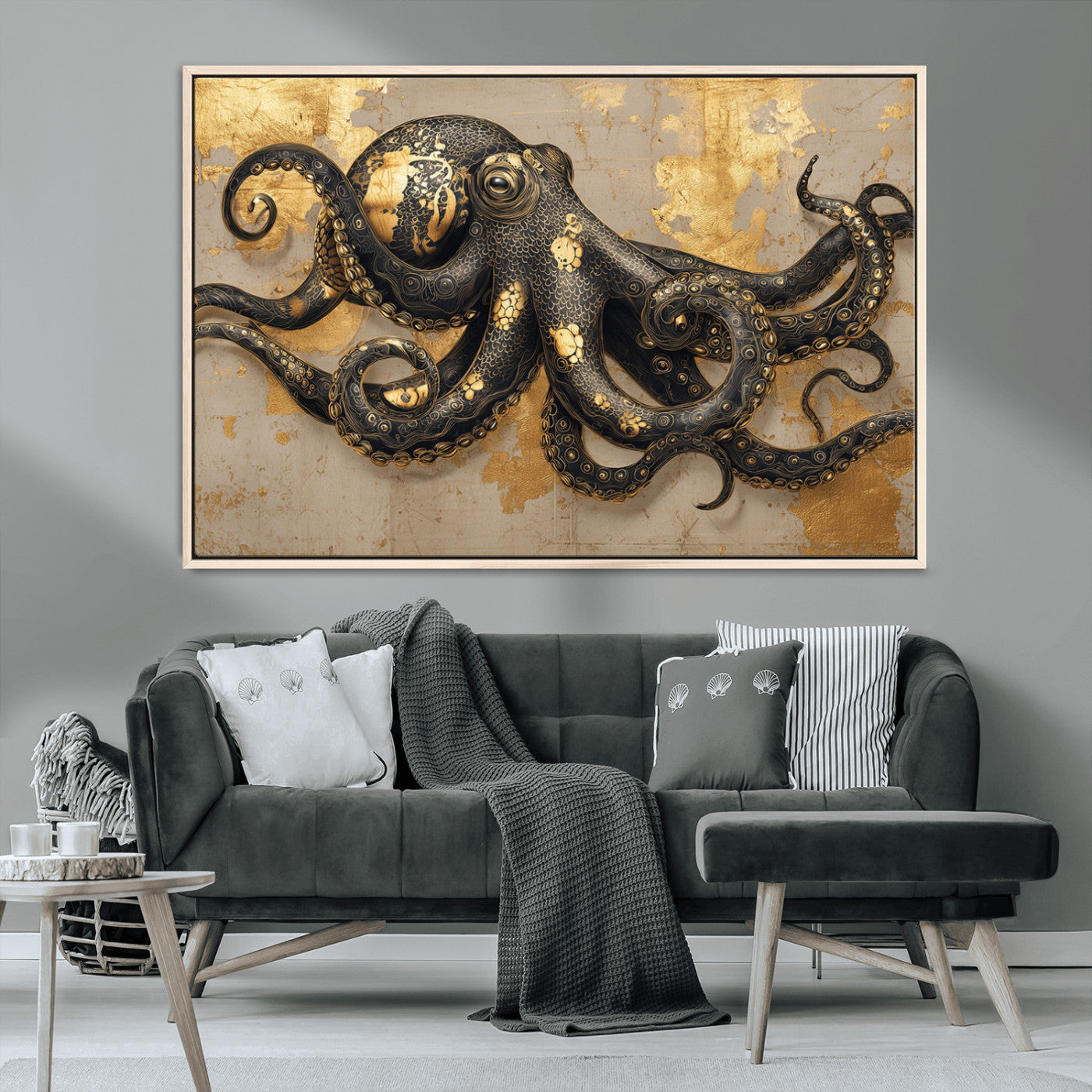 57944271-MGV-CV-36X24-Octopus Wall Art – Black and Gold Nautical Canvas Print, Modern Ocean Inspired Artwork with Elegant Detailing, Coastal Marine