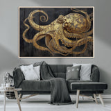 47056538-MGV-CV-36X24-Octopus Wall Art – Gold Nautical Canvas Print with Rustic Wood Texture, Marine Creature Artwork for Coastal Ocean Decoration in