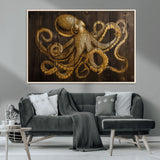 56769669-MGV-CV-36X24-Octopus Wall Art – Gold Nautical Canvas Print with Rustic Wood Panel Design, Detailed Marine Artwork for Coastal Ocean Decoration