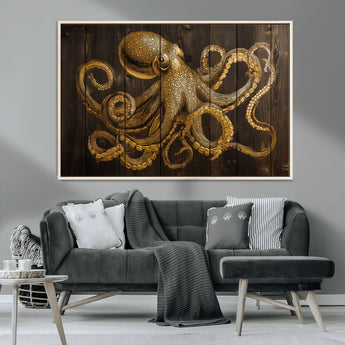 56769669-MGV-CV-36X24-Octopus Wall Art – Gold Nautical Canvas Print with Rustic Wood Panel Design, Detailed Marine Artwork for Coastal Ocean Decoration