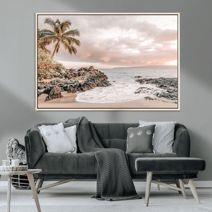 18005328-MGV-CV-36X24-Tropical Beach Canvas Wall Art – Palm Tree, Rocky Shoreline, Ocean Waves, Sunset Clouds, Calm Sea, Island Nature Relaxation for