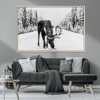 38956835-MGV-CV-36X24-Moose Winter Snowy Forest Canvas Wall Art – Wildlife Nature, Antlers in Frozen Landscape, Quiet Path, Cold Season Outdoors Print