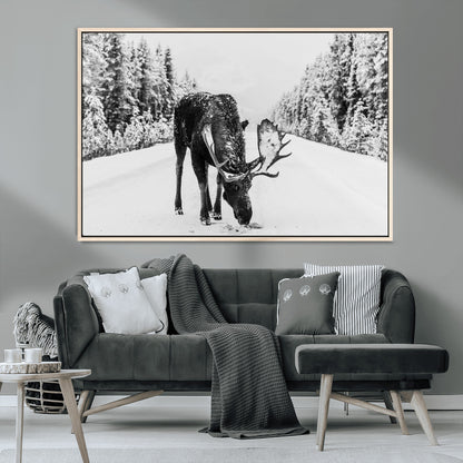 38956835-MGV-CV-36X24-Moose Winter Snowy Forest Canvas Wall Art – Wildlife Nature, Antlers in Frozen Landscape, Quiet Path, Cold Season Outdoors Print
