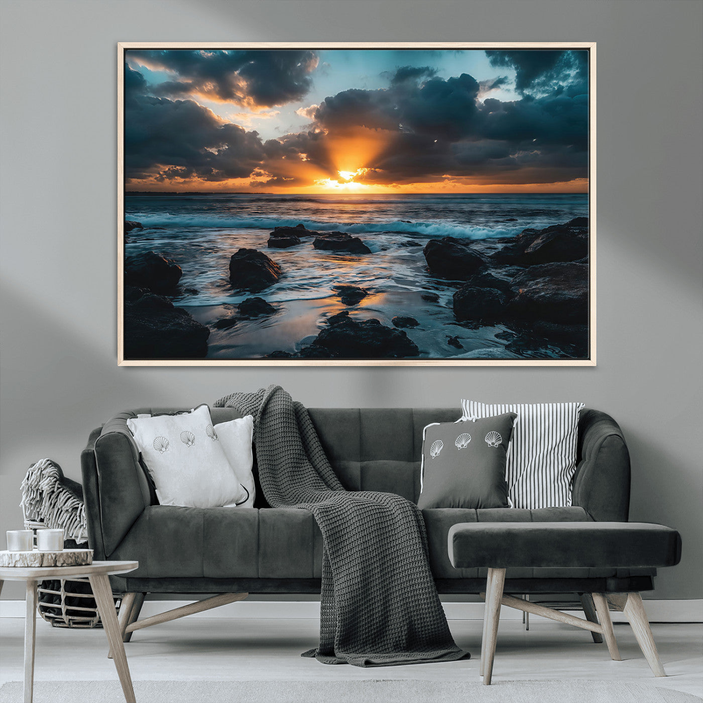 66040852-MGV-CV-36X24-Ocean Sunset Canvas Wall Art – Rocky Shore Waves, Dramatic Clouds, Golden Sun Rays, Coastal Nature, Serene Water Reflection for