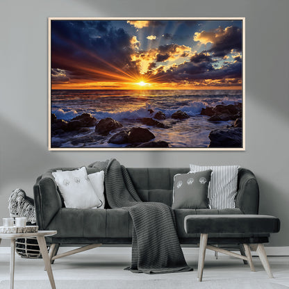35900590-MGV-CV-36X24-Sunset Ocean Waves Canvas Wall Art – Rocky Shore, Dramatic Sky, Golden Sun Rays, Coastal Beauty, Serene Water Motion for Living