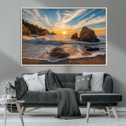 85659923-MGV-CV-36X24-Rocky Ocean Sunset Canvas Wall Art – Seaside Dramatic Seascape Print, Coastal Modern Decor, Ocean Sunset Art for Living Room or