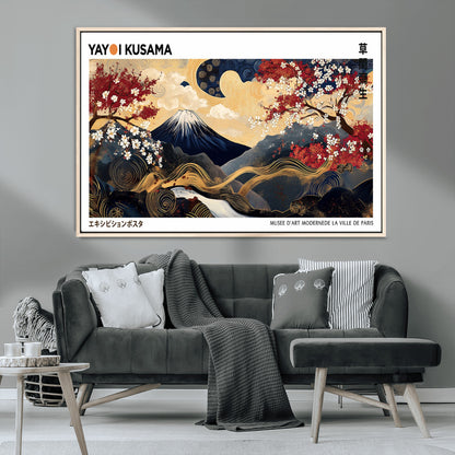 28945903-MGV-CV-36X24-Yayoi Kusama Inspired Japanese Art Canvas Print – Framed Floral & Mt. Fuji Wall Decor, Modern Asian Style Canvas for Home, Office,