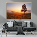 57919623-MGV-CV-36X24-Sunrise Landscape Wall Art – Golden Morning Canvas Print with Tree, Misty Hills and Open Field, Peaceful Nature Photography for