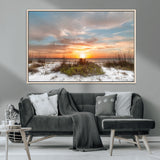 58266230-MGV-CV-36X24-Beach Sunset Wall Art – Coastal Canvas Print with Sandy Dunes, Sea Grass and Golden Sky, Serene Ocean Landscape Photography for