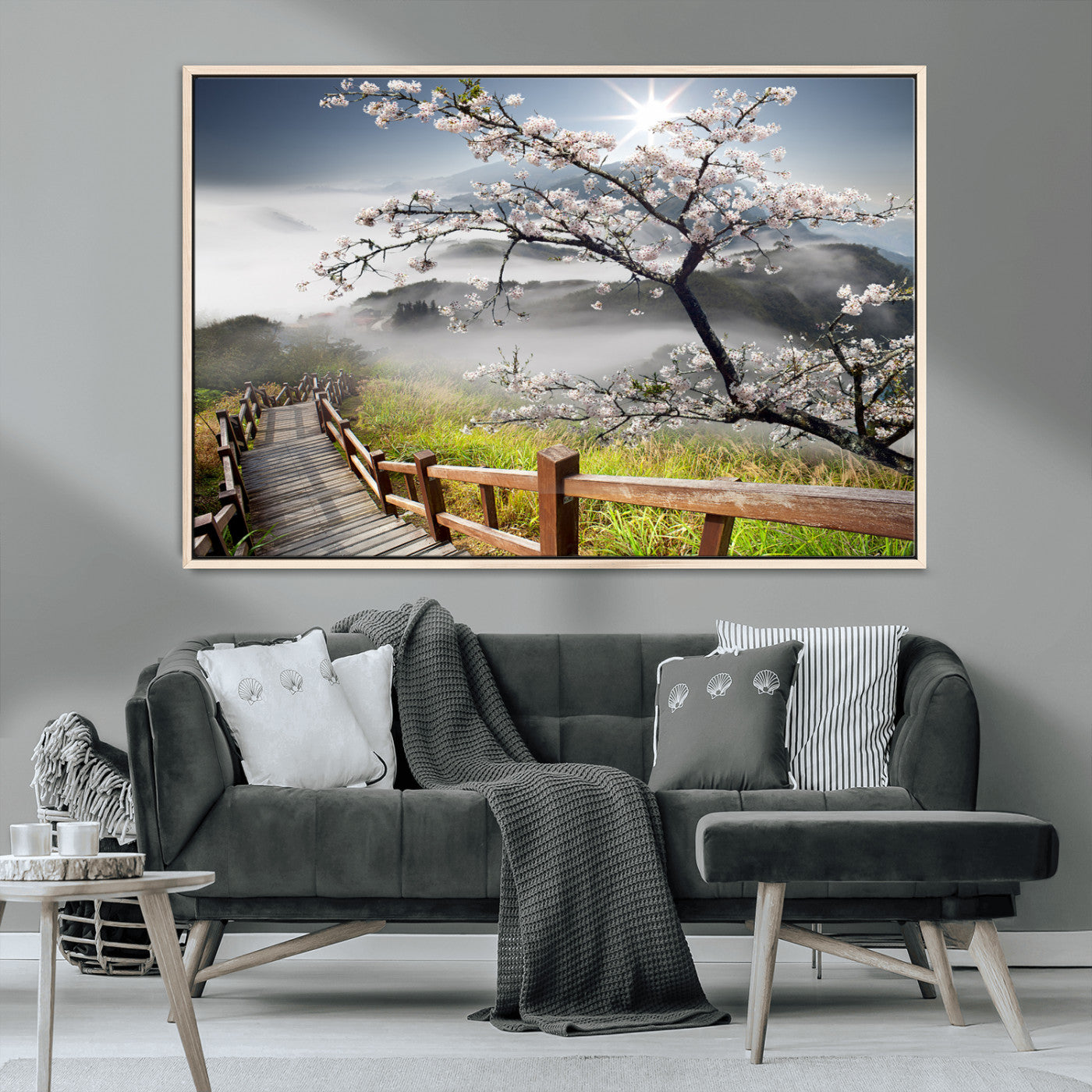 34632598CRY-MGV-CV-36X24-Cherry Blossom Wall Art – Scenic Asian Landscape Canvas Print with Wooden Walkway, Misty Mountains and Sunrise, Serene Nature