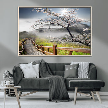 34632598CRY-MGV-CV-36X24-Cherry Blossom Wall Art – Scenic Asian Landscape Canvas Print with Wooden Walkway, Misty Mountains and Sunrise, Serene Nature