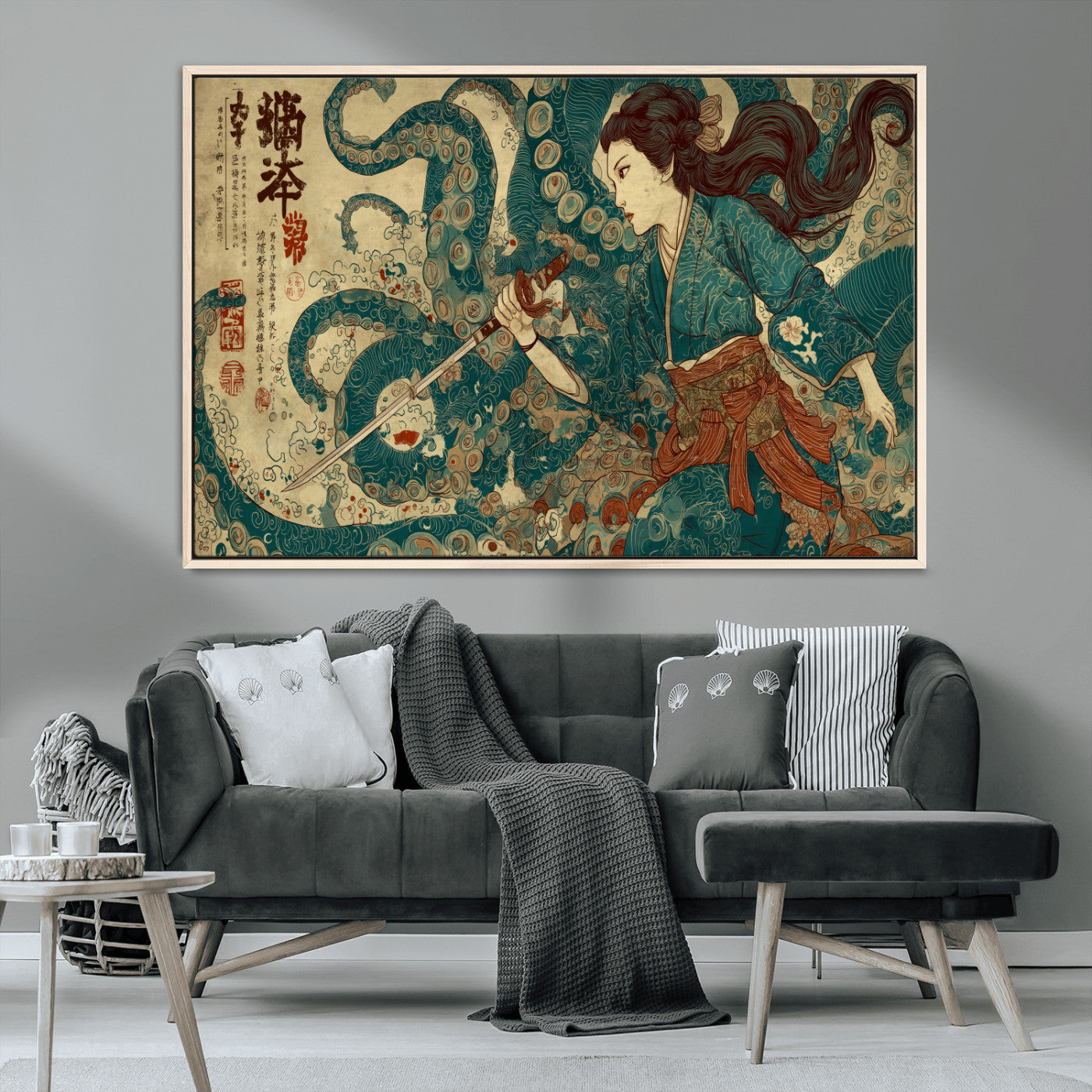 46837670-MGV-CV-36X24-Tsukioka Yoshitoshi Samurai Wall Art Print, Japanese Katana Warrior Canvas Wall Art, Octopus Sea Monster Canvas Print,