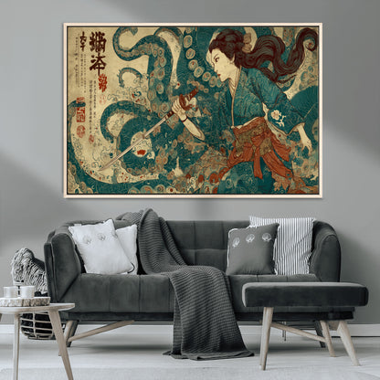 46837670-MGV-CV-36X24-Tsukioka Yoshitoshi Samurai Wall Art Print, Japanese Katana Warrior Canvas Wall Art, Octopus Sea Monster Canvas Print,