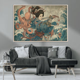 52037775-MGV-CV-36X24-Samurai Woman Wall Art – Japanese Ukiyo e Style Canvas Print with Katana, Ocean Waves and Octopus, Traditional Asian Inspired