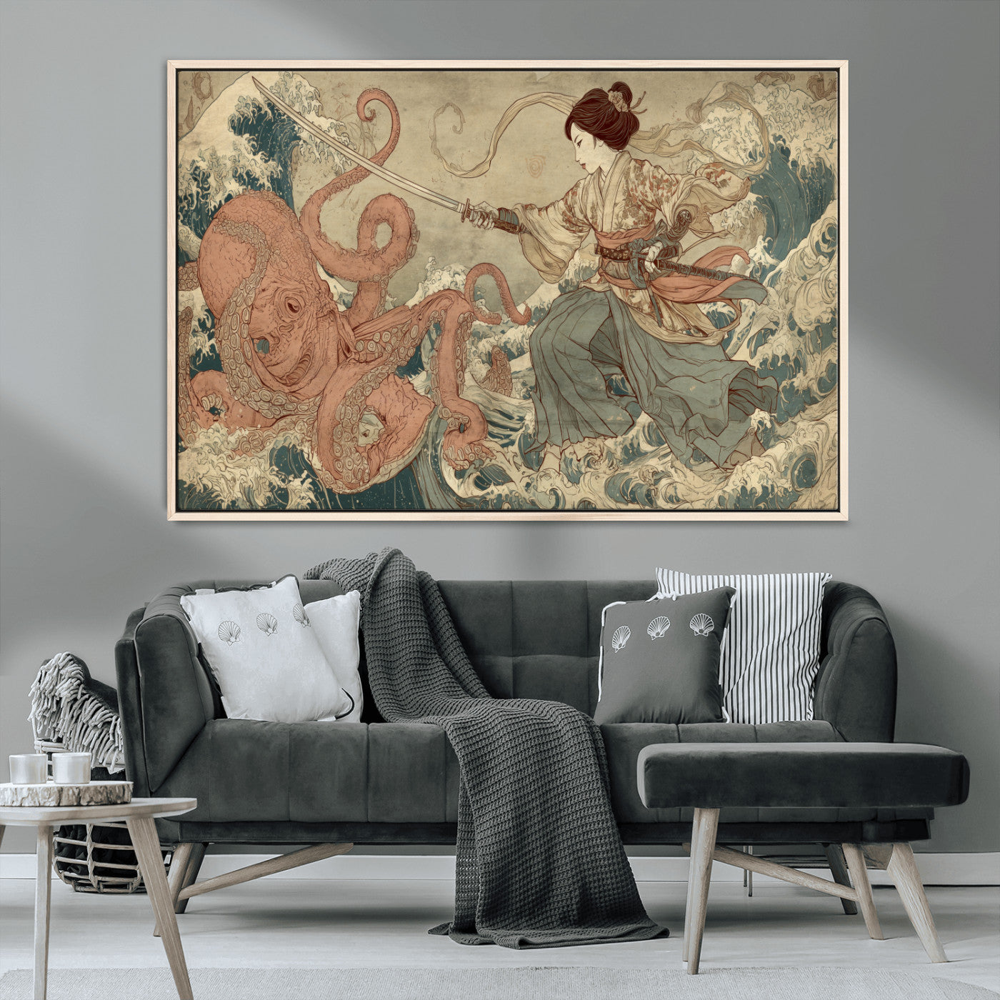 54879547-MGV-CV-36X24-Tsukioka Yoshitoshi Samurai Wall Art Print, Japanese Katana Warrior Canvas Wall Art, Octopus Sea Monster Canvas Print,