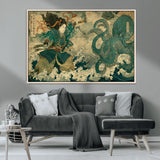 24416422-MGV-CV-36X24-Tsukioka Yoshitoshi Samurai Wall Art Print, Japanese Katana Warrior Canvas Wall Art, Octopus Sea Monster Canvas Print,