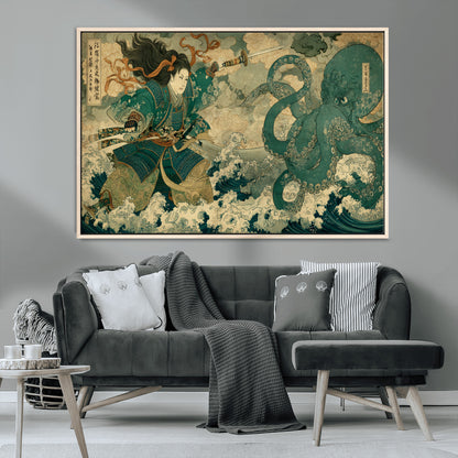 24416422-MGV-CV-36X24-Tsukioka Yoshitoshi Samurai Wall Art Print, Japanese Katana Warrior Canvas Wall Art, Octopus Sea Monster Canvas Print,
