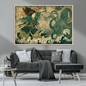 24416422-MGV-CV-36X24-Samurai vs Octopus Wall Art – Japanese Warrior Ocean Battle Canvas Print, Ukiyo e Inspired Decor for Home, Office, or Man Cave