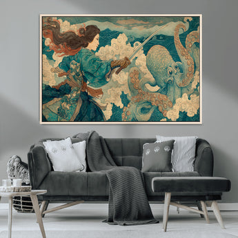 37943964-MGV-CV-36X24-Tsukioka Yoshitoshi Samurai Wall Art Print, Japanese Katana Warrior Canvas Wall Art, Octopus Sea Monster Canvas Print,