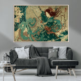 86918027-MGV-CV-36X24-Tsukioka Yoshitoshi Samurai Wall Art Print, Japanese Katana Warrior Canvas Wall Art, Octopus Sea Monster Canvas Print,