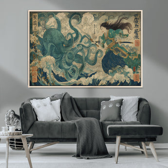 60346622-MGV-CV-36X24-Tsukioka Yoshitoshi Samurai Wall Art Print, Japanese Katana Warrior Canvas Wall Art, Octopus Sea Monster Canvas Print,