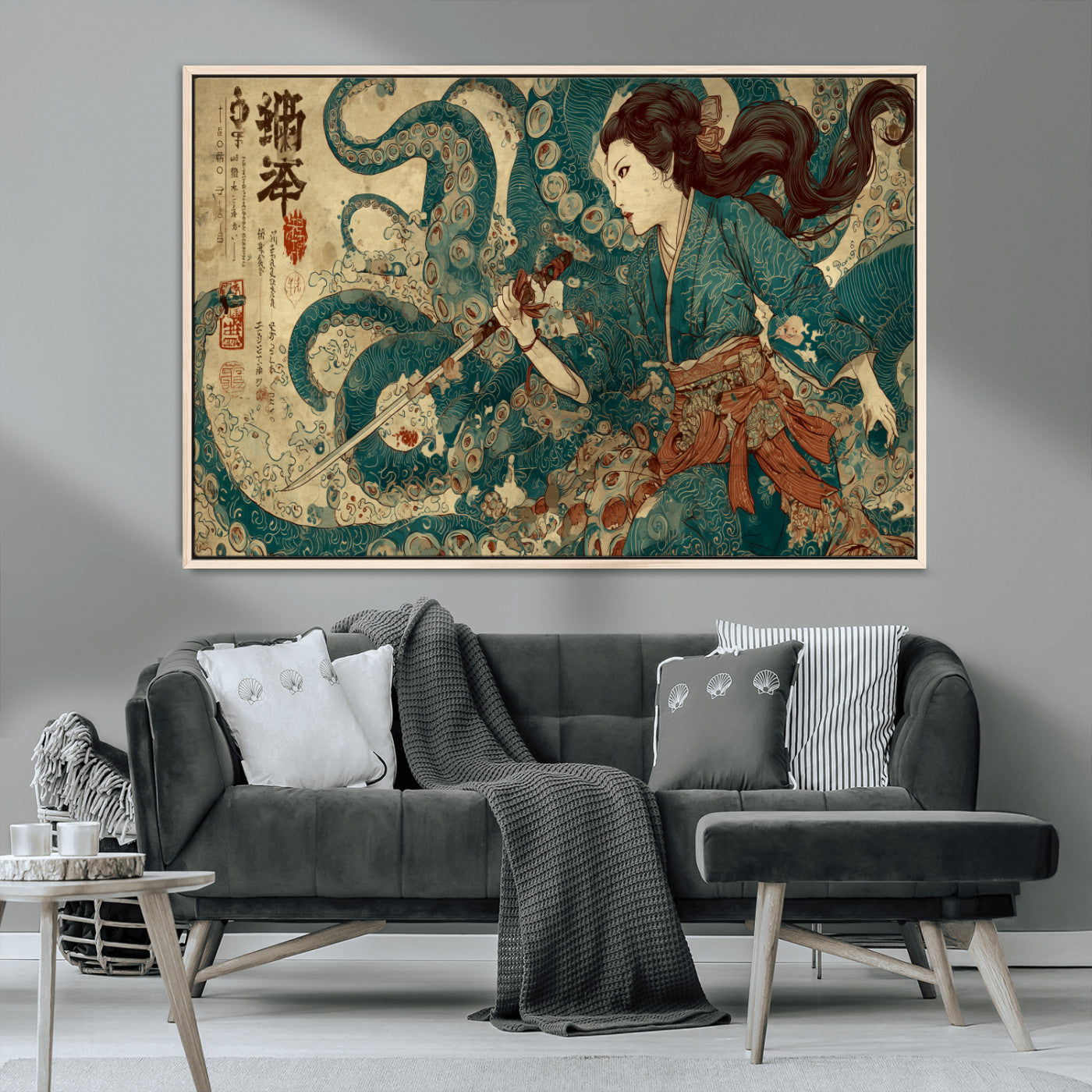 18575670-MGV-CV-36X24-Tsukioka Yoshitoshi Samurai Wall Art Print, Japanese Katana Warrior Canvas Wall Art, Octopus Sea Monster Canvas Print,