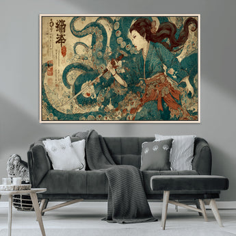 18575670-MGV-CV-36X24-Tsukioka Yoshitoshi Samurai Wall Art Print, Japanese Katana Warrior Canvas Wall Art, Octopus Sea Monster Canvas Print,