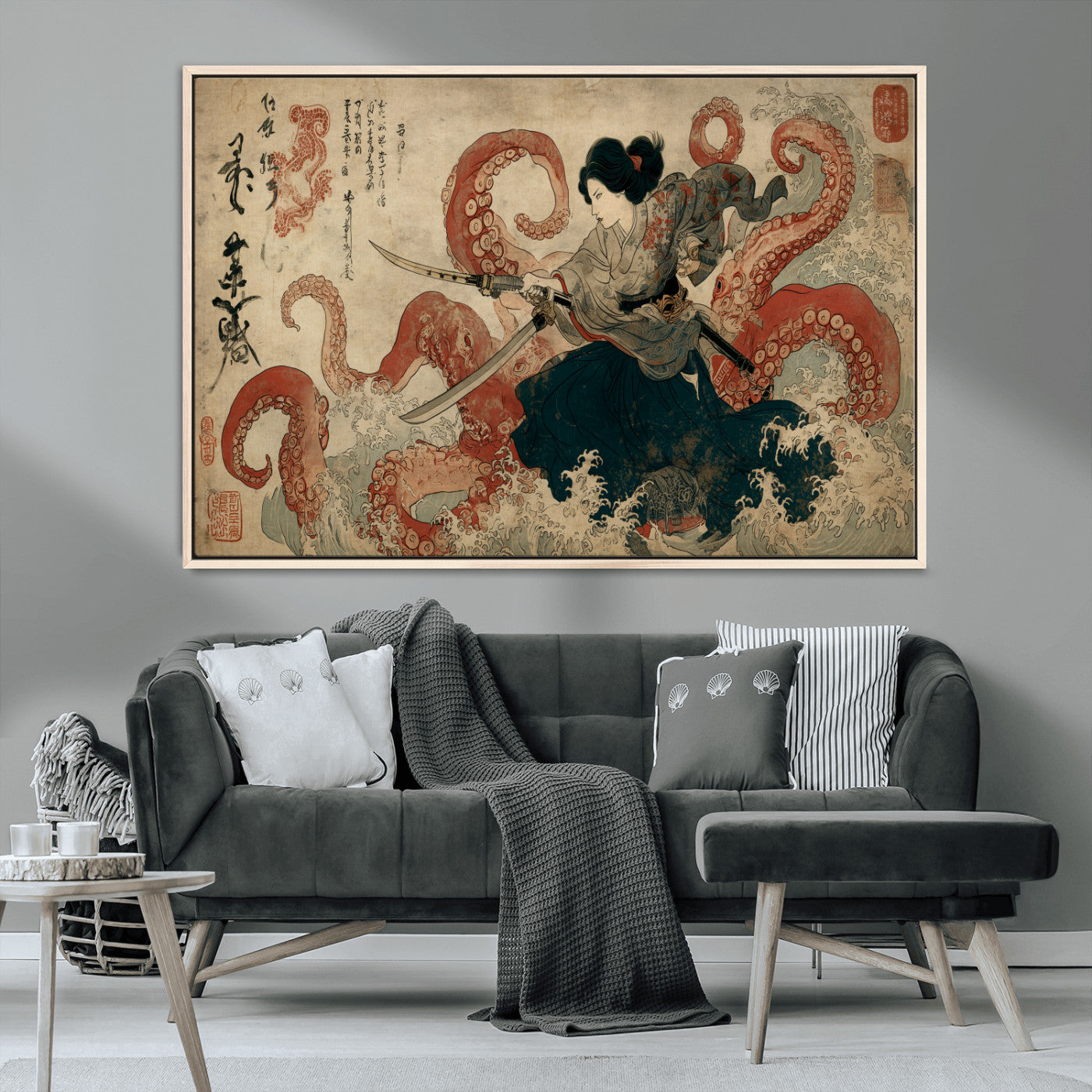 50812504-MGV-CV-36X24-Samurai Woman vs Octopus Wall Art – Japanese Ukiyo-e Red Tentacle Canvas Print, Ocean Battle Artwork for Living Room, Office, Man