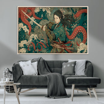35461724-MGV-CV-36X24-Samurai Woman vs Octopus Wall Art – Japanese Ukiyo-e Ocean Waves Canvas Print, Red Tentacle Battle Artwork for Living Room,
