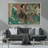 91666601-MGV-CV-36X24-Samurai Woman vs Octopus Wall Art – Japanese Ukiyo-e Green Robe Canvas Print, Ocean Battle Artwork for Living Room, Office, Man